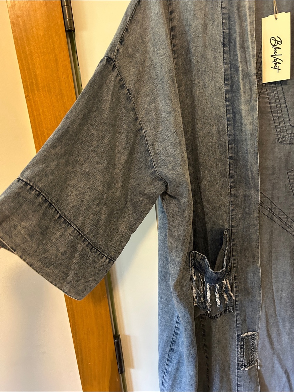 Blue Velvet Boho Western Relaxed Open-Front Soft Denim Duster Jacket Versatile - Picture 3 of 9